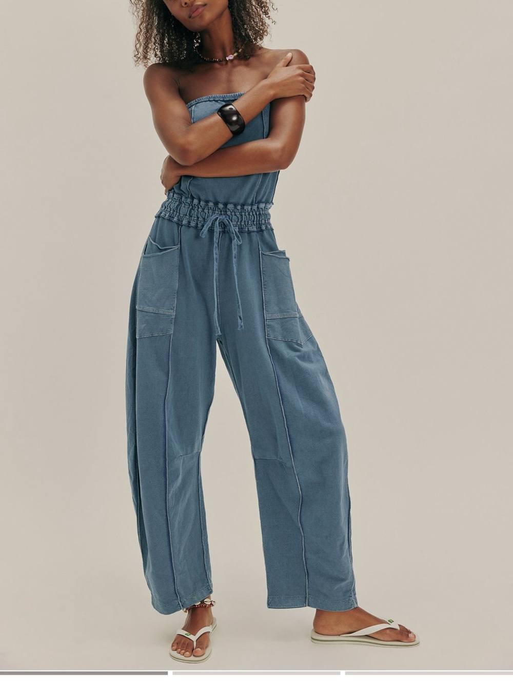 Free People Kaiden Strapless Jumpsuit Ocean Blue Sold Out Sz L NWT